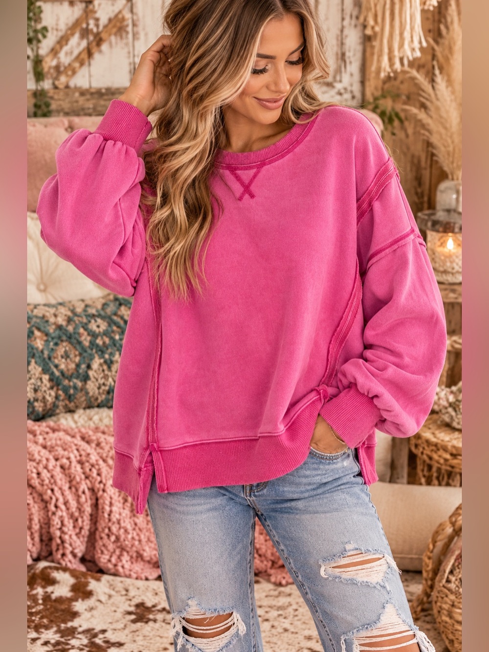 Pink raw stitch mineral wash western bohemian boho embroidered hoodie sweatshirt